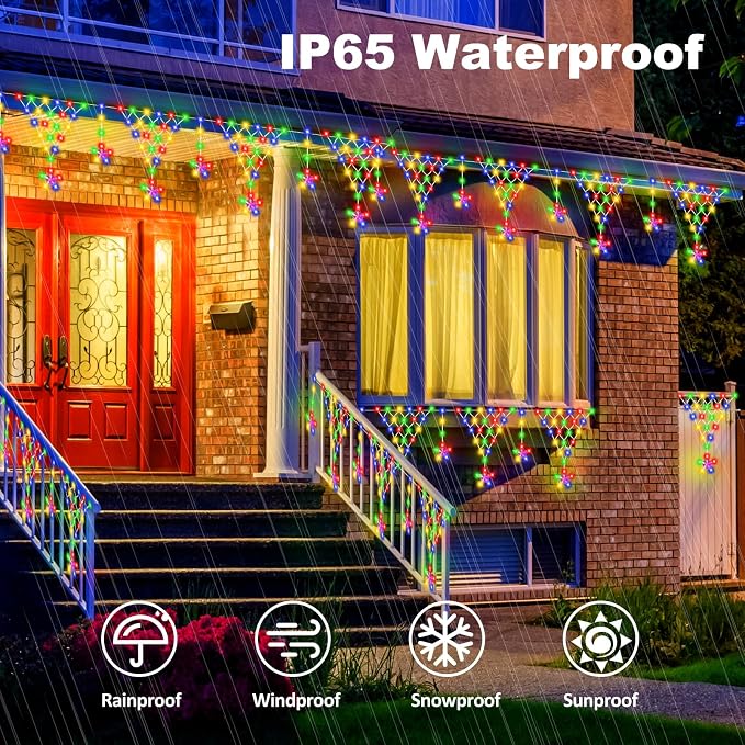 (New) Outdoor Christmas Lights, 13.8ft 218 LED Christmas Curtain Lights, Icicle String Lights with 12 Drop Stars for Curtain, Indoor, Garden, Patio, Wedding, New Year, Home Decoration - Multicolor