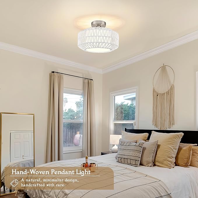 12.6 inch White Rattan Ceiling Light Fixture Boho Ceiling Light Hand-Woven Rattan Chandelier Fabric Shade Boho Chandelier for Dinning Room Kitchen (Bulb Incl.)