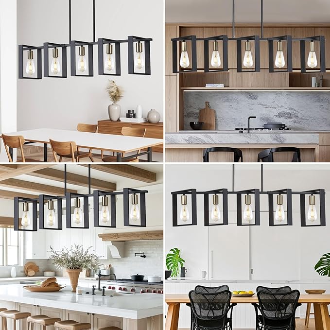 9MMML 41.5" Mid Century Dining Room Chandelier, Black and Gold Wood Pendant Light, Height Adjustable 5 Lights Fixtures for Kitchen Island Hallway Pool Table