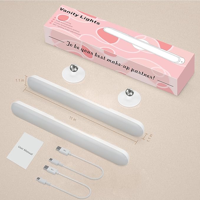 Benreom 2 Pack Wireless Vanity Lights for Mirror, Rechargeable Battery Operated Makeup Light, Adjustable Color Brightness & Angle Light Bar, Magnetic Stick on LED Lighting Bathroom Decor Accessories
