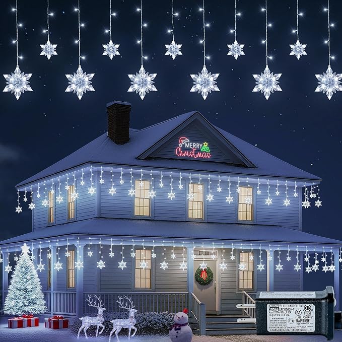 Christmas Snowflake Icicle Lights,8.2 FT 144 LED Snowflake Lights Outdoor with Timer,8 Modes Waterproof Connectable Christmas Light Plug in for Curtain Eave Window Indoor Outdoor Decor(White)