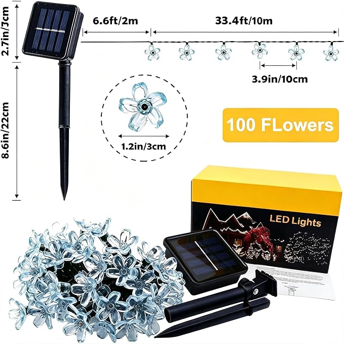 Solar String Flower Lights Outdoor 100 LED 40Ft Multi-Color Christmas Fairy Lights with 8 Lighting Modes, Waterproof Solar Lights Outdoor for Garden Christmas Wedding Party Xmas Tree Decoration