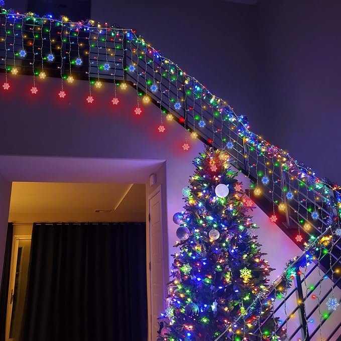 weillsnow 360 LED Icicle Christmas Lights with Snowflake, 29.5ft 72 Drops Connectable 8 Modes Waterproof Icicle Light Outdoor for Curtain, Eaves, Window, Christmas Decorations (Multi-Colored)