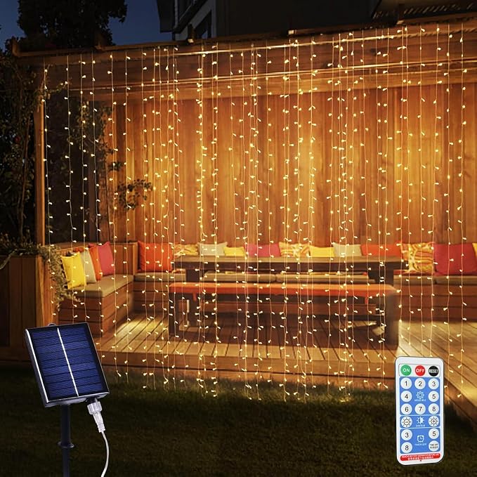 300LED Solar Curtain Lights USB & Solar Dual Powered 8 Modes Fairy Curtain String Lights Waterproof Twinkle Lights for Home Indoor Outdoor Use Garden Patio Gazebo (Warm White)