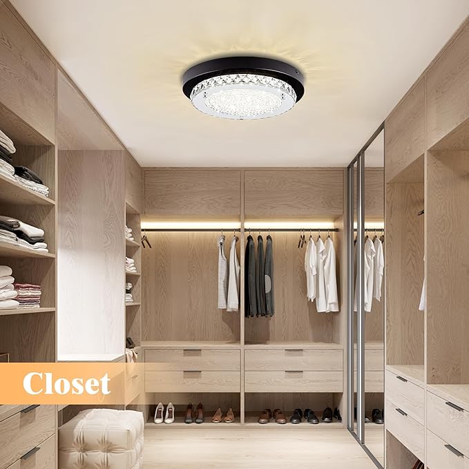Crystal Flush Mount Ceiling Light Fixture 13 Inch LED Bathroom Ceiling Light Dimmable Black Hallway Light Fixture Round Close to Ceiling Light Small Crystal Chandeliers for Kitchen Launtry 4000K