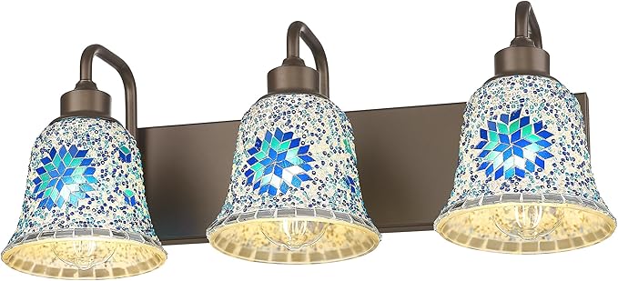zeyu Bathroom Light Fixtures, 3-Light Bathroom Vanity Light, 22 Inch Modern Wall Sconces with Blue Mosaic Glass, Oil Rubbed Bronze Finish, ZSL72B-3W ORB-BL