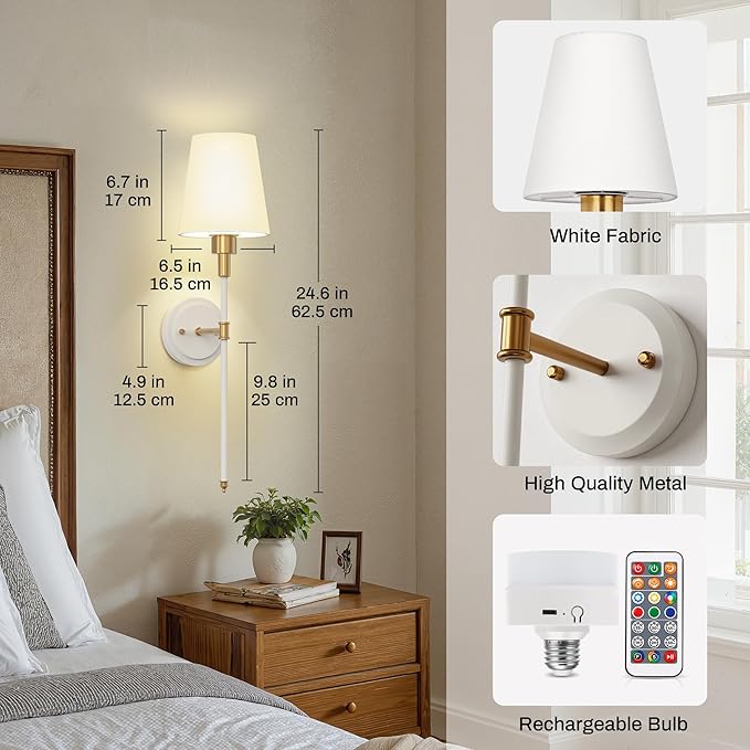 DORESshop Battery Operated Wall Sconce Set of 2, Wireless Wall Light Easy to Install, 7 Color Rechargeable Wall Sconces, Sconce Wall Decor Set of 2 for Bedroom, Living Room, Gold and White, 24.6in