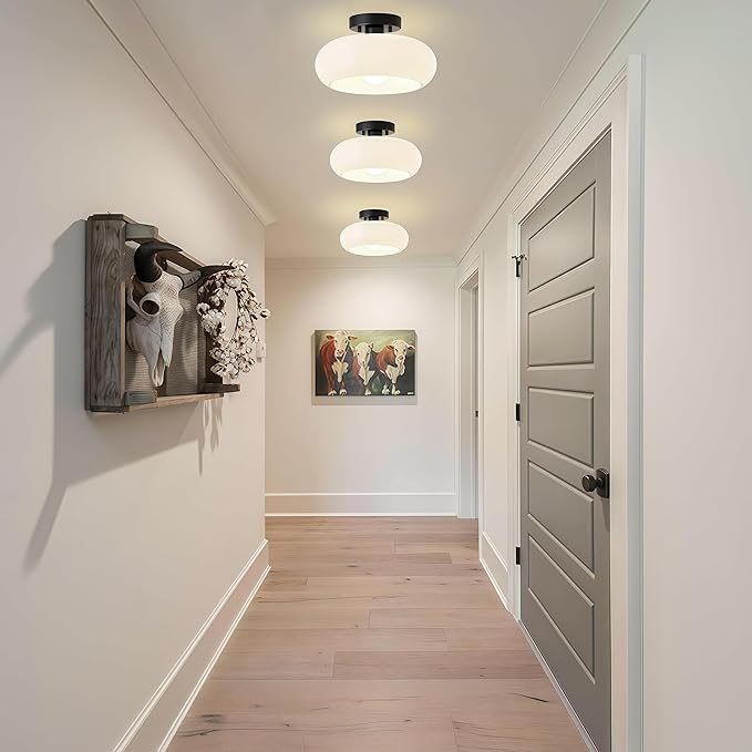 Semi Flush Mount Ceiling Light,11inch Mid-Century Modern Light Fixture,Black Hallway Light Fixtures with White Milk Glass Shade,Vintage Lighting fixtures for entryway,Bedroom,Kitchen,Porch