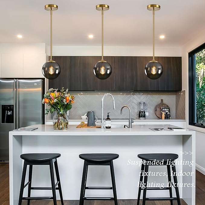 Bagood 6 Inch Globe Pendant Light Gold Globe Pendant Lights Kitchen Island Mid Century Light Fixture with Gray Clear Glass Contemporary Adjustable Hanging Lights for Dining Room (Bulb Included)
