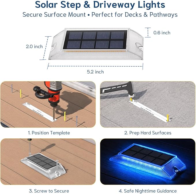 Solar Step Lights Outdoor, 2 Colors in 1 LED Stair Lights | 6 Pack Waterproof Screw Mount Deck Step Lights for Stairs, Patio, Garden, Walkway (White/Blue)