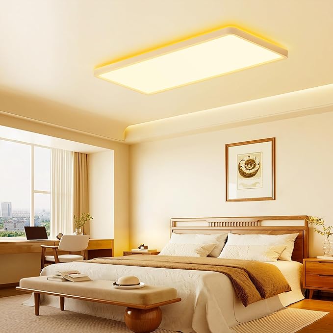 MOONSEA 23 Inch LED Flush Mount Ceiling Light with Remote Control 3200LM, 32W + 6W Backlight Rectangle Surface Mount Ceiling Light, for Bedroom, Kids Room, Party, White