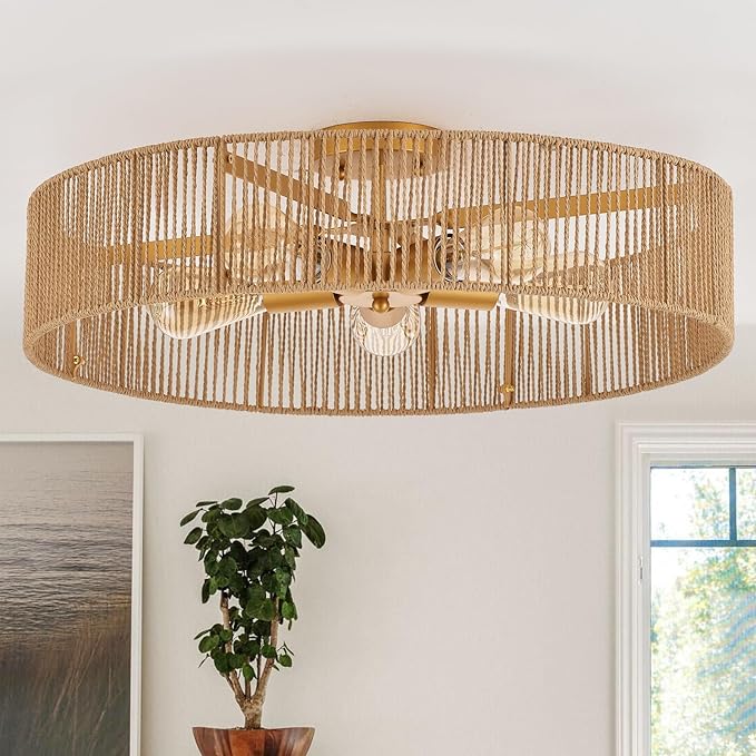 24" Natural Rattan Flush Mount Ceiling Light Fixture Antique Brass Brush Paint Finish Boho Chandelier for Porch Patio Hallway Bedroom Living Room Kitchen Island 5-Light
