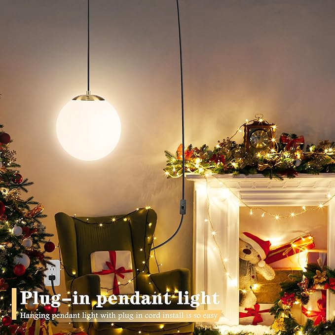 KoKo&Yukina 10" Globe Pendant Light Gold Plug in Pendant Light Adjustable Hanging Lights with Plug in Cord Brushed Gold Finished with Milk Glass Lampshade for Bedroom Kitchen Island(Bulb Included)