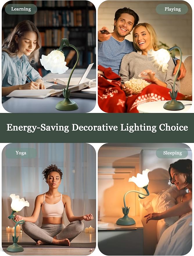AQDZCNF Flower Table Lamp,LED Reading Light Bedside Vintage Flower Night Light,3 Colors Modes Kawaii Bedside Lamps Decor,Living Room Bedroom Room Lighting Table Lamps Home Decoration (Green)