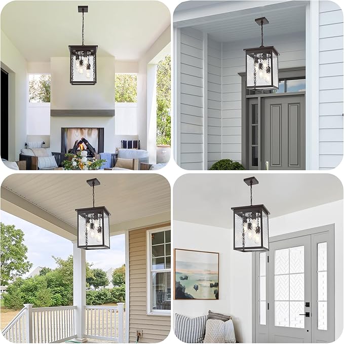 16.7'' Large Outdoor Pendant Light, 4-Lights Black and Brushed Brass Exterior Hanging Porch Chandelier Lantern with Hammer Glass, Outdoor Ceiling Light Fixture for Entryway Gazebo Patio