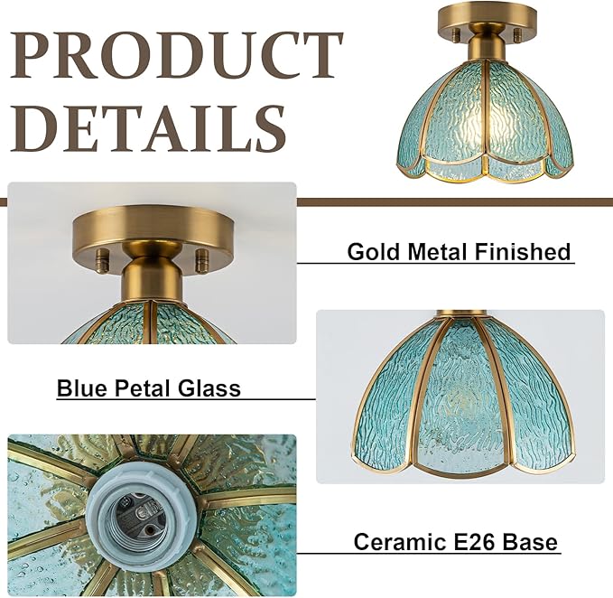 Semi Flush Mount Ceiling Light Fixture, 8.07” Vintage Glass Ceiling Light Small Antique Light Fixtures Flower Shade, Mid Century Ceiling Light for Hallway Kitchen Entryway Foyer Bedroom