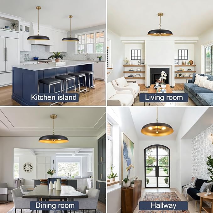 Oversized Large Pendant Lights 20 Inch, 3-Lights Black and Gold Metal Dome Chandelier, Industrial Pendant Lights Kitchen Island Ceiling Hanging Light for Dining Room Over Table, Bar, Cafe