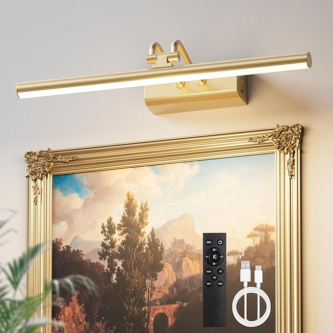 Battery Operated Picture Light for Wall, 4000mAh Cordless Wall Lamp for Painting Photo Artwork , Remote Control, Magnetic for Easy to Charge,Timers, 13.8'' Display for Gallery Living Room Bedroom Gold