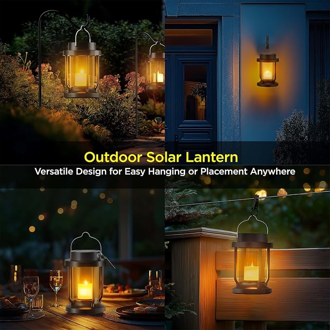 Solar Lantern Outdoor & Indoor Use – Hanging Solar Lights with Realistic Flickering Flameless Candle, Weatherproof for Gardens, Patios, Trees, and Lawns (Black + Amber, 1 Pack)