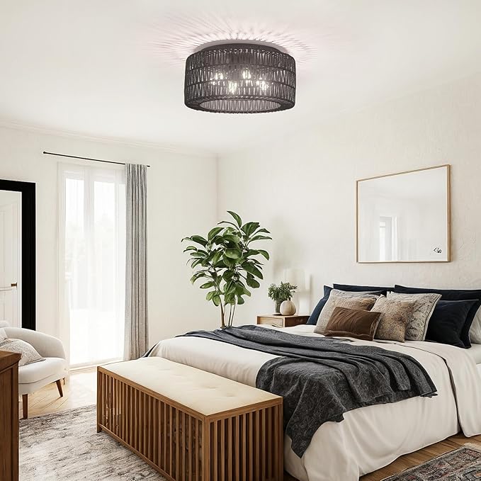 Rattan Light Fixtures Ceiling Mount,4-Lights Boho Flush Mount Ceiling Light with Hand-Woven Shade, 18''Rattan Farmhouse Chandelier for Hallway Bedroom Kitchen Farmhouse Foyer Entryway (Black)