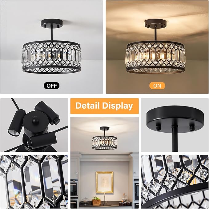 Crystal Ceiling Light Fixture, Modern Semi Flush Mount Ceiling Light, Black Lighting Chandelier for Kitchen, Bedroom, Dining Room, Hallway, 3-Light, 12.2 Inch