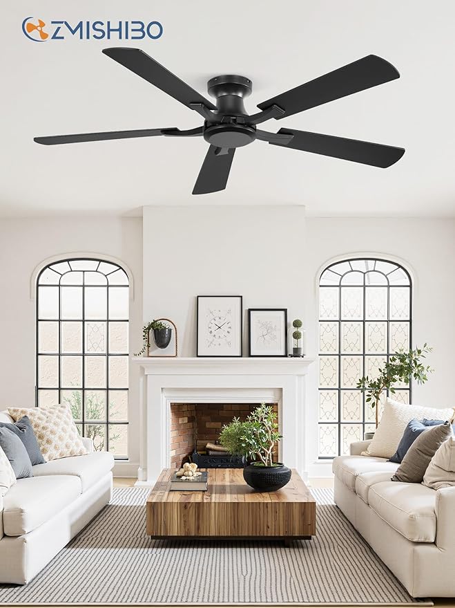 ZMISHIBO 52 Inch Ceiling Fan No Light, Flush Mount Low Profile, Modern Black Ceiling Fan Without Light, Remote Control & Quiet DC Motor, for Indoor&Outdoor, Bedroom, Living Room