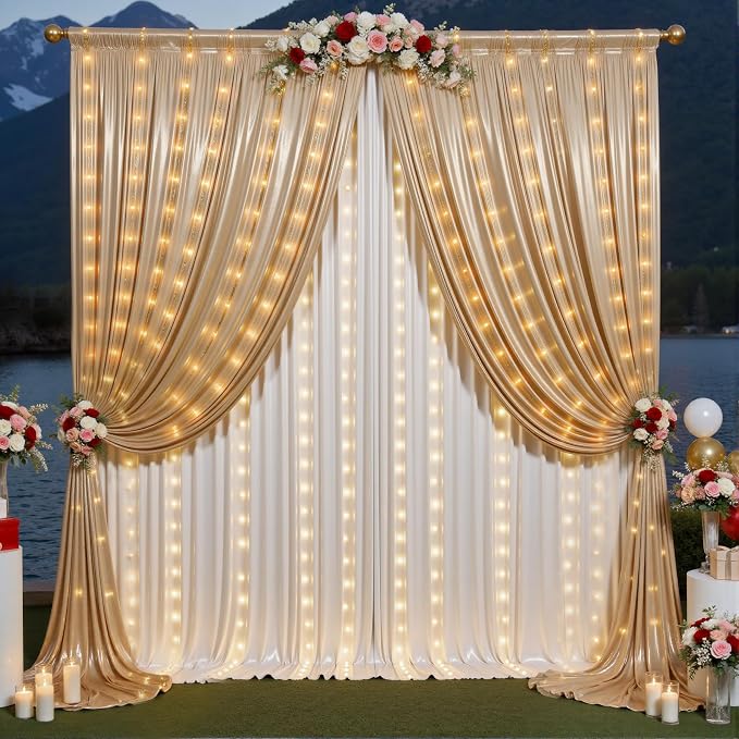 Outpain 10x10ft Champagne Sequin Backdrop Curtains with Light -Lighted Up Champagne Photo Backdrops with Non-Shedding Glitter, Wrinkle-Free Drapes for Wedding/Christmas/Studio(5x10ft 2 Panels)