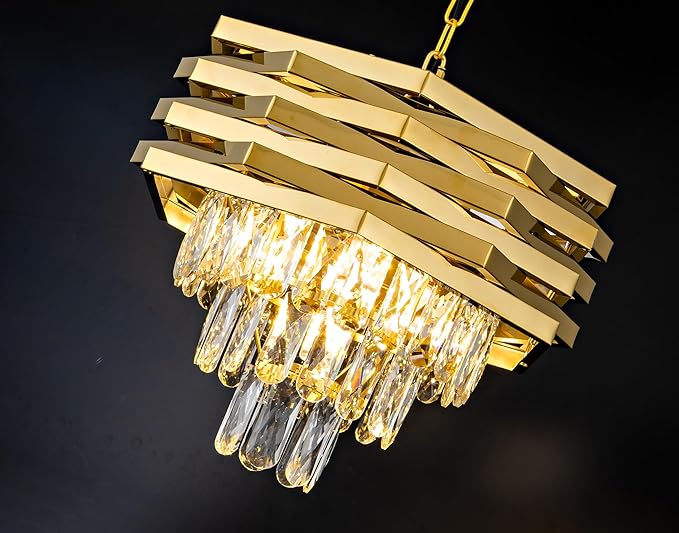 Gold Crystal Chandelier 5-Lights 15.75" Modern Crystal Pendant Light 3-Tier Luxury K9 Hanging Dining Room Lighting Fixtures for Bedroom Living Room Office Hallway Foyer Entryway Kitchen Sink