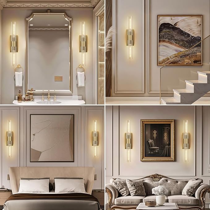 Brass Wall Sconces, Bathroom Wall Sconce, 22.8" Gold Wall Sconces, 2-Light Dimmable Wall Sconce, Sconces Wall Lighting with Glass, Vanity Light Tube Sconce for Bedroom Living Room, Hallway