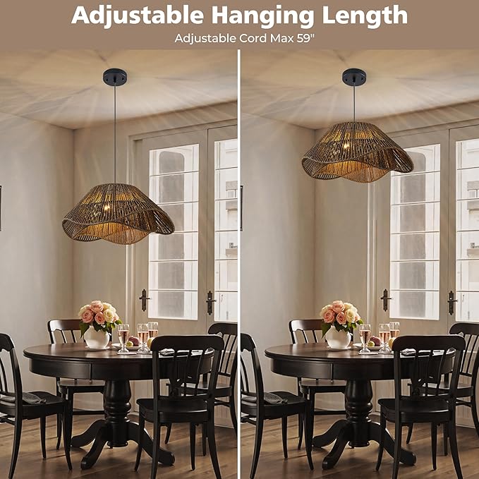 LumStory Dark Brown Rattan Pendant Light Fixture Farmhouse Boho Woven Rattan Chandelier for Dining Room, 3-Light Large Black Bohemian Rustic Wicker Ceiling Hanging Lamp Over Table for Kitchen Island