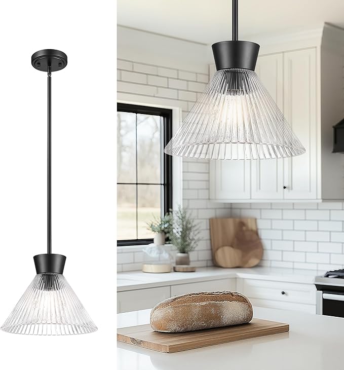 Black Pendant Light, HWH 1-Light 11-Inch Adjustable Hanging Light Fixture, Kitchen Pendant Light with Clear Striped Glass, Matte Black Finich, 5HZG108MIL BK