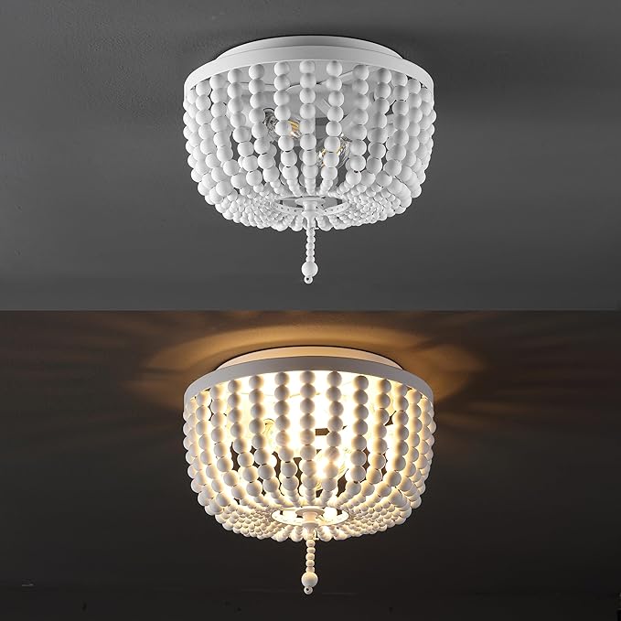 JONATHAN Y 10" White Allison 2-Light LED Flush Mount Ceiling Light for Bedroom, Wood Beaded Shade Shabby Chic Farmhouse Rustic Decor, LED Bulbs Included (JYL9074D)