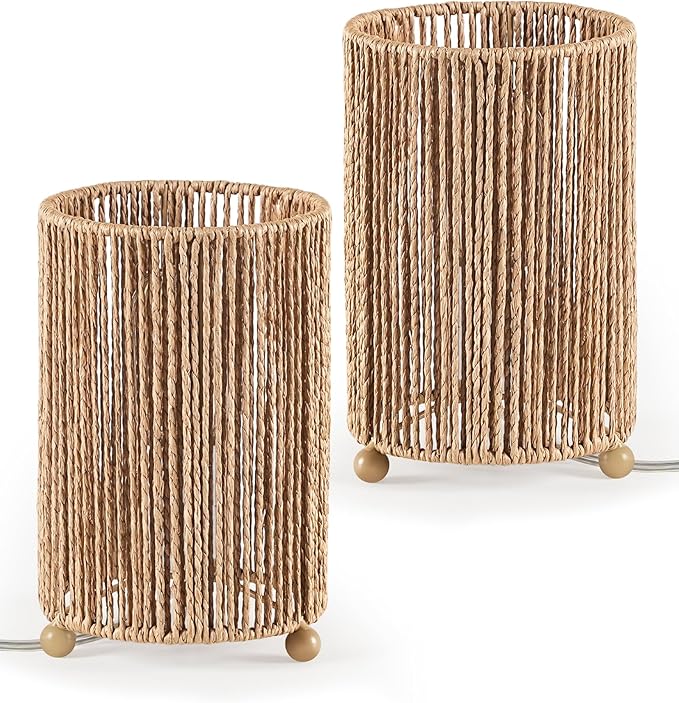 Small Rattan Table Lamps Set of 2, Boho Bedside Lamps Set of 2, Handwoven Paper Lampshade, 4W 2400K LED Bulb Included, Boho Desk Lamp, Nightstand Lamp for Bedroom, Living Room, S11TLP205