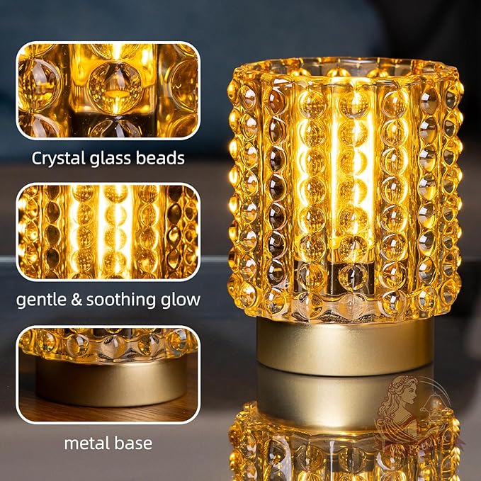 Battery Operated Lamp with Timer, Mini Crystal Table Lamps for Home Decor, Small Cordless Lamp for Areas No Outlets, Glass Battery Powered Lamps for Entryway, Bedroom, Bathroom, Shelf (2 Yellow)