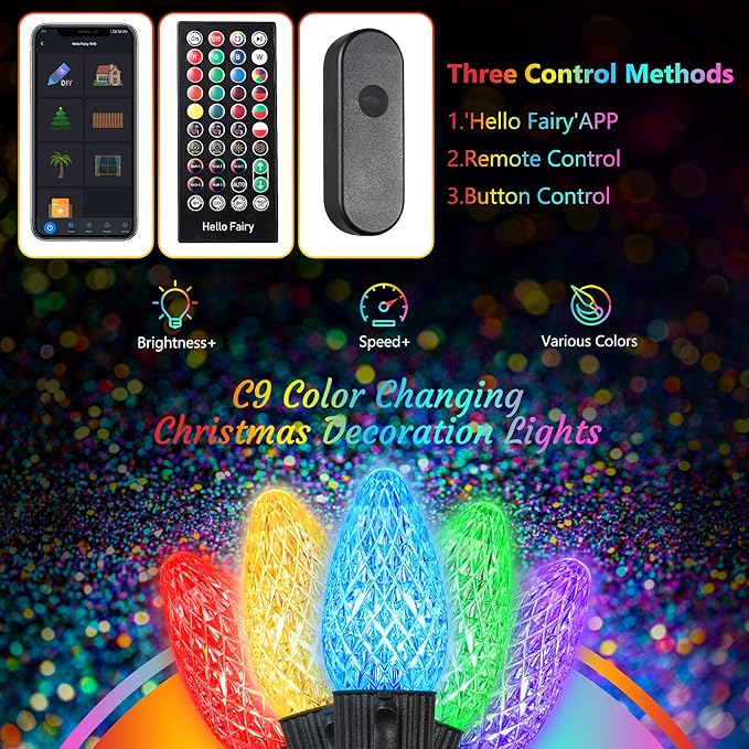 iBaycon Smart C9 Christmas Lights, 100 LED 65FT Bluetooth Outdoor Light String, APP Remote Controlled, Music Sync Color Changing RGB Connectable Christmas Lights for Tree House Eaves Roof Decorations