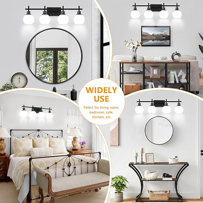Dpyrrhic 4-Light Modern Vanity Lighting Fixtures, Bathroom Wall Mounted Vanity Light,Black Bathroom Lighting Fixtures Over Mirror with Milky White Glass Lampshade for Bedroom, Living Room