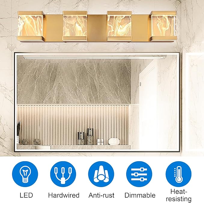 MELUCEE 4 Lights LED Bathroom Vanity Light with Unique Smoke Acrylic Panel, Modern Brass Vanity Light Bar Bathroom Light Fixtures Wall Sconce for Bath Powder Room Entryway, 20W 3000K Warm Lighting