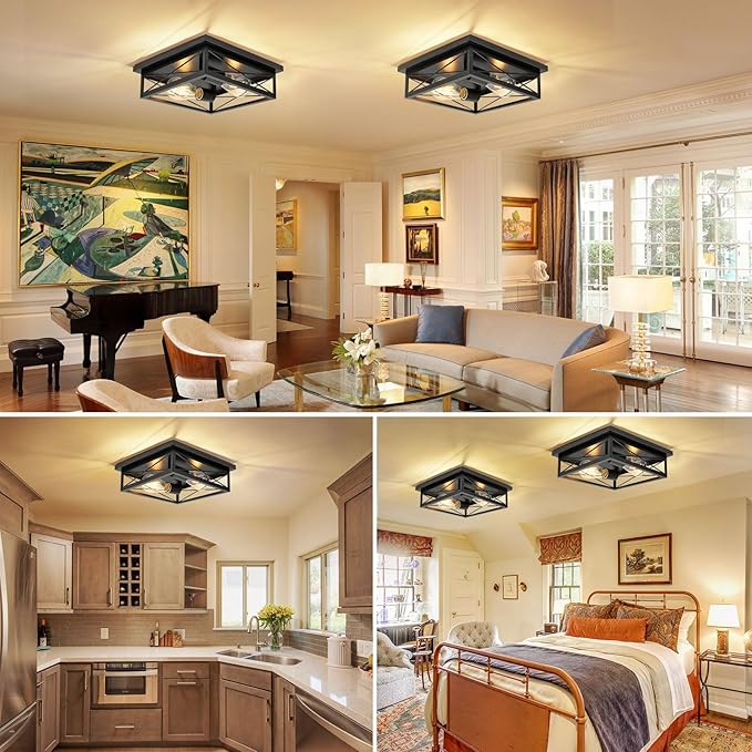 2 Pack Farmhouse Ceiling Light Fixture - 12 Inch Big Industrial Square Modern Black Flush Mount Ceiling Light for Kitchen, Hallway, Bedroom, Balcony, Porch, Stairway, E26 (Black, 12 Inch)