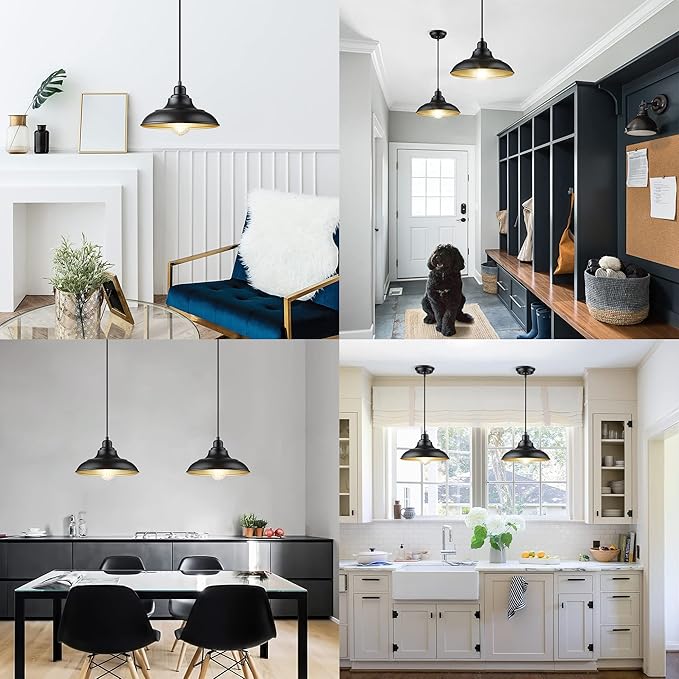 Pendant Lighting, Farmhouse Decor Adjustable Metal Hanging Lamp Ceiling Lamp, Hanging Light Fixtures, Industrial Black Pendant Lights for Kitchen Island Dining Room Barn, E26 Base, 2 Pack