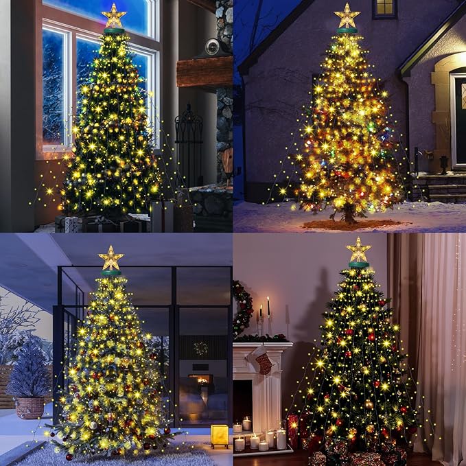 Christmas Lights with Star Topper, 410LED String Lights with Ring for Tree, 6.6FT x 16 Lines Fairy Lights with 8 Modes for Indoor Outdoor Xmas Decor, Warm White