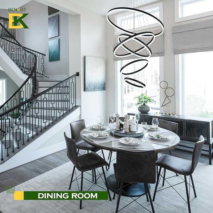 Benkut 5 Rings D31.5 Modern LED Chandelier Black Large Dimmable Circular High Ceiling Chandeliers with Remote Control for Foyer Dining Room Living Room Staircase Villa, 3000K-6500K CCT
