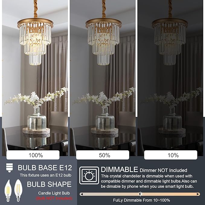 4-Light Gold Crystal Pendant Light, 3-Tier 11.8" Luxury Crystal Pendant Light Perfect for Dining Room, Bedroom, Kitchen, Living Room