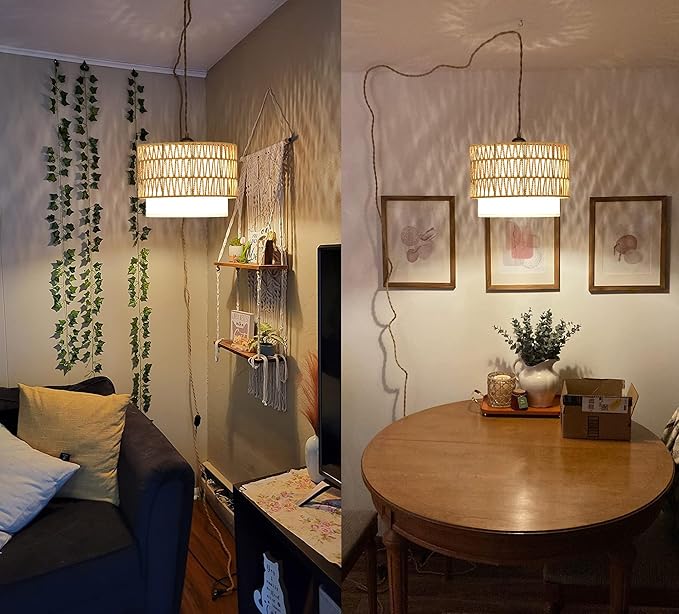Boho Plug in Pendant Light Rattan Hanging Lights with Plug in Cord,Indoor Hanging Lamp with Dimmer Switch,Wicker Bamboo Woven LampShade Hanging Lamp Plug in for Bedroom Living Room Kitchen Island