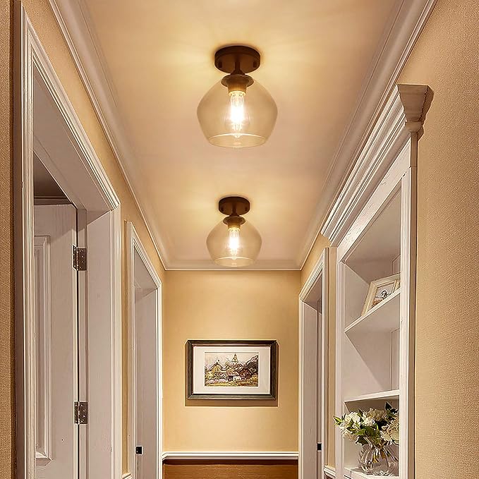 Modern Semi Flush Mount Ceiling Light with Clear Glass Shade, Industrial Close to Ceiling Light, Black Hanging Ceiling Light Fixture for Hallway, Bedroom, Dining Room, Entryway, Foyer