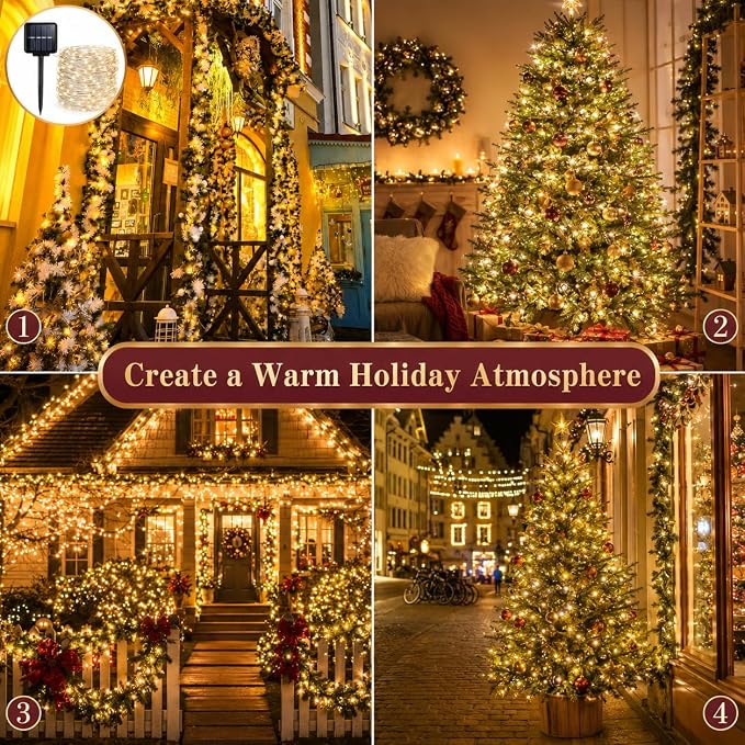 ALENEY Solar String Lights Outdoor, 33 Feet 100 LEDs 8 Modes Solar Fairy Lights for Outside, Waterproof Outdoor Light for Patio Yard Christmas Tree Halloween Wedding Party Decorations, Warm White