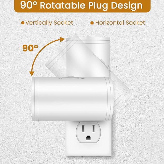 LED Plug-in Wall Night Light with Dimmable 0-300 Lumens, 2700K Warm White, Auto On/Off Light Sensor & Adjustable Head for Hallway, Stairs, Bedroom,2 Pack