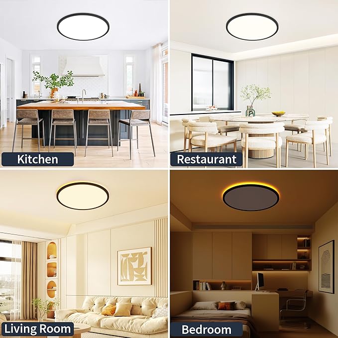 11 Inch Flush Mount Ceiling Light with Night Light, 24W 2400LM, Dimmable LED Ceiling Lights Fixture with Remote Control, 3000K/4000K/6500K Selectable, Slim Bright Bedroom Light Fixture, Round Black