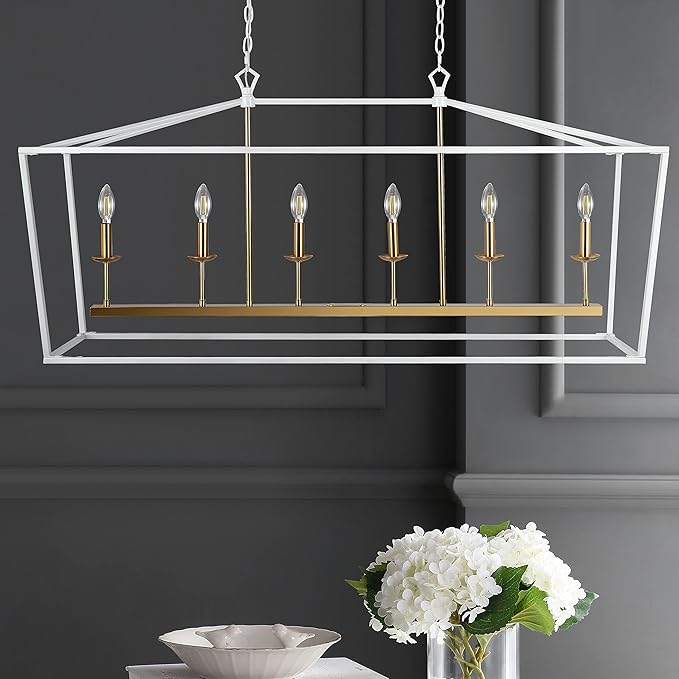 JONATHAN Y 49" White/Brass Gold Lantern Pendant Light, 1-Light Pagoda Style Metal Cage Farmhouse Hanging Ceiling Fixture for Kitchen Island, LED Bulb Included (JYL7439E)