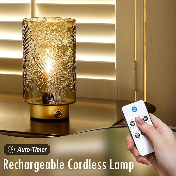 ULAROOM Cordless Lamps Rechargeable Battery Operated lamp,Glass Table Lamp Remote Control-Dimmable Brightness Touch Wireless Bedside Lamp for New Home Gift/Bedroom/Kitchen/Living Room Decor Amber