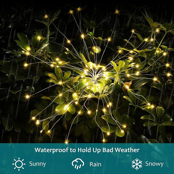 JJGoo Solar Firework Lights, 2 Pack 135 LEDs 2 Lighting Modes Solar Garden Lights Outdoor Waterproof for Yard Patio Walkway Pathway Party Wedding Christmas Decorative - Warm White